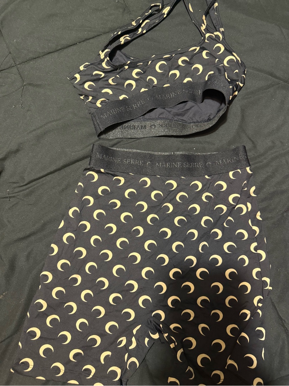 Marine Serre Black & Cream Crescent-Print Bralette and Shorts